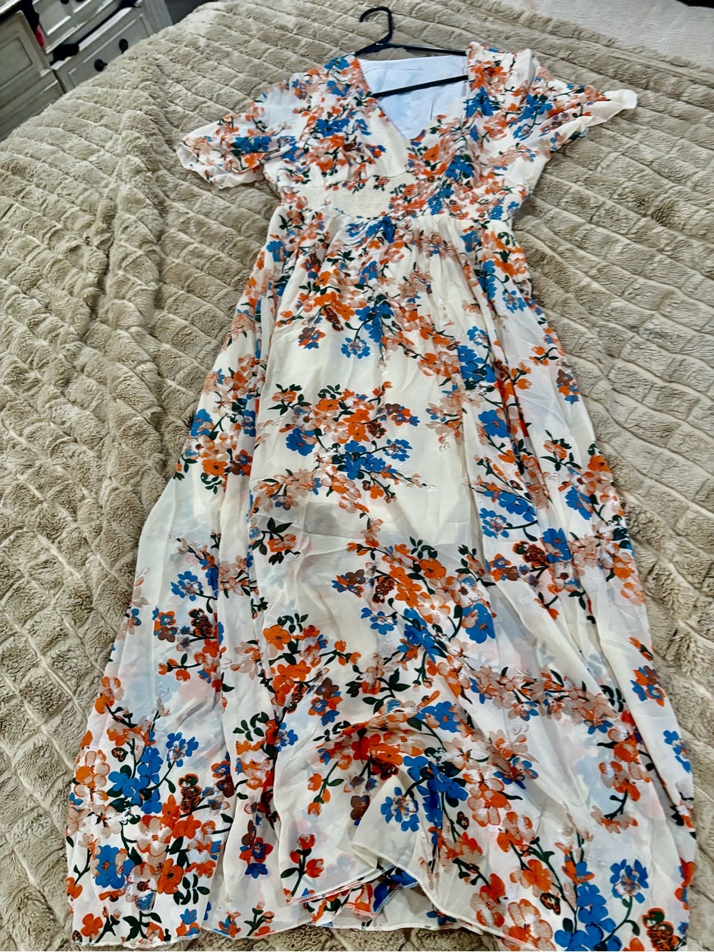 Beige fabric loral Maxi Dress with Blue & Orange Blooms